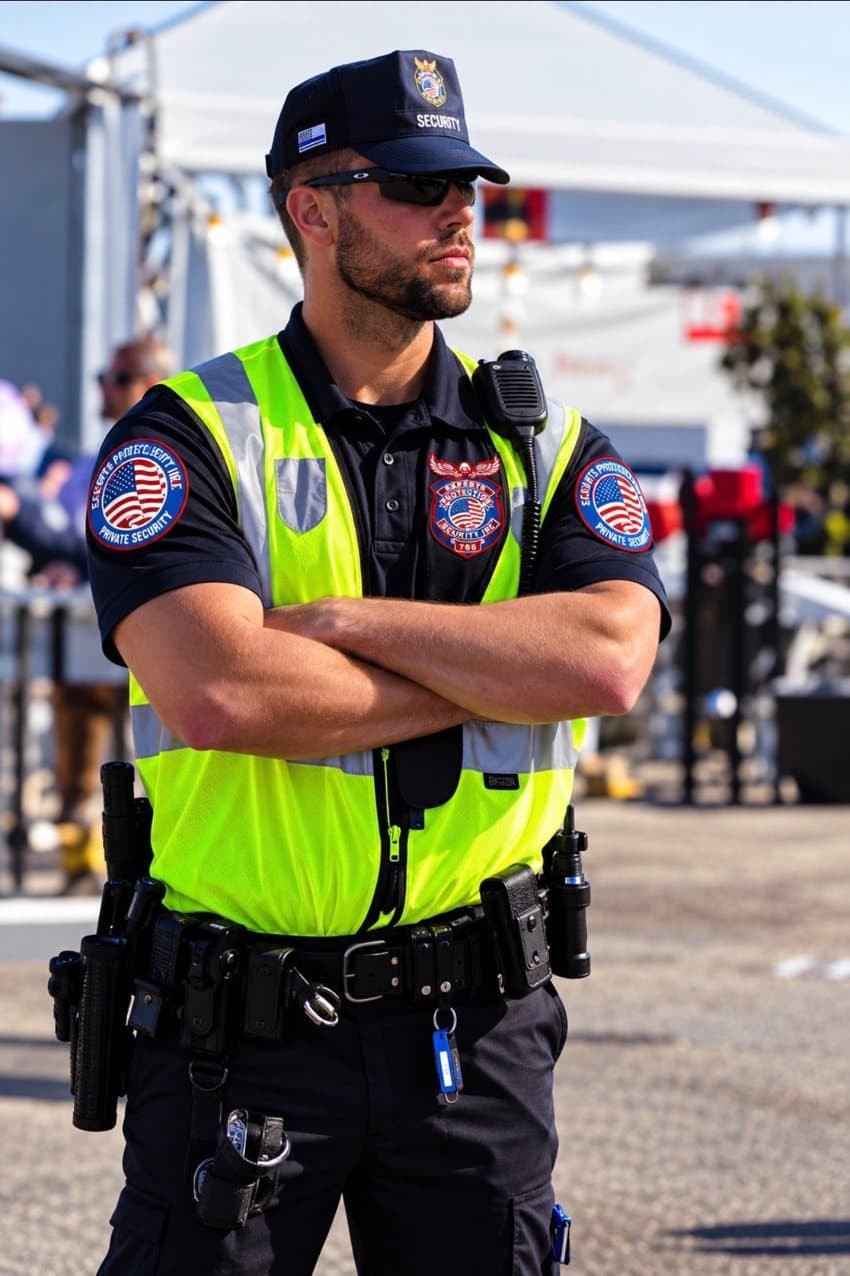 Officer in a high-visibility green vest on an event post