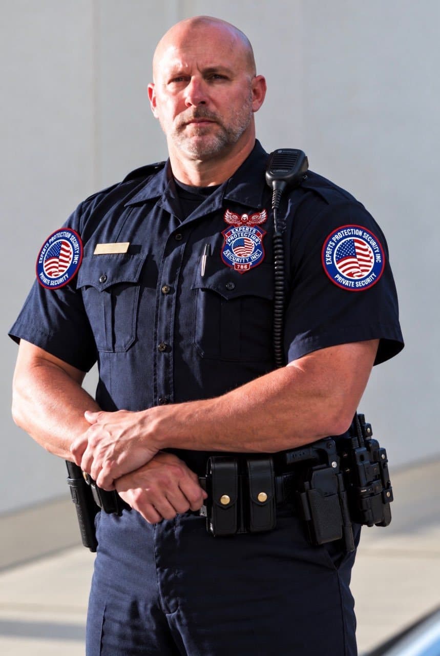 Officer in navy uniform with the company badge and shoulder patches