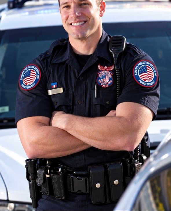 Smiling officer standing in front of a patrol vehicle