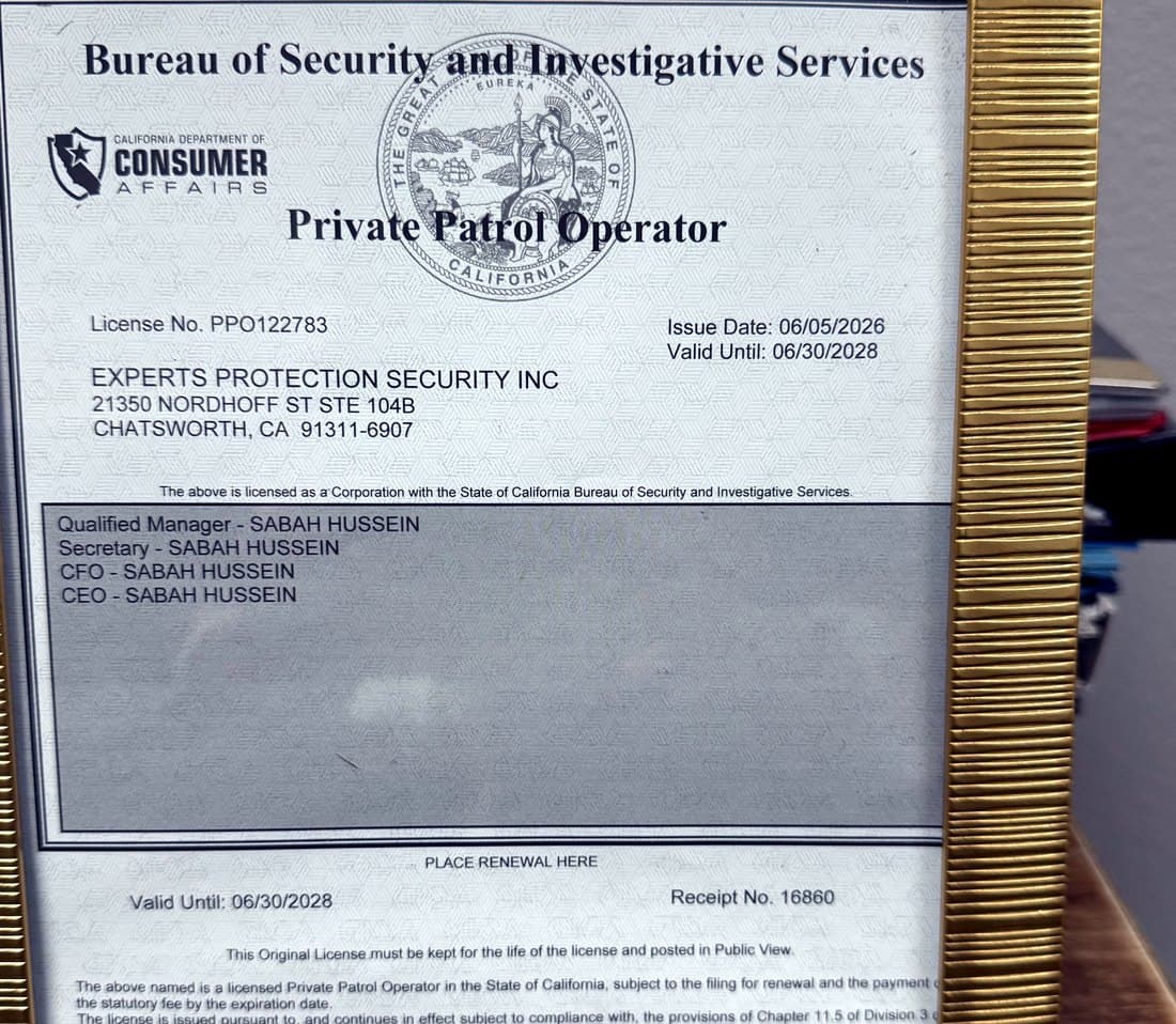 California Bureau of Security and Investigative Services Private Patrol Operator license PPO 122783 issued to Experts Protection Security Inc.